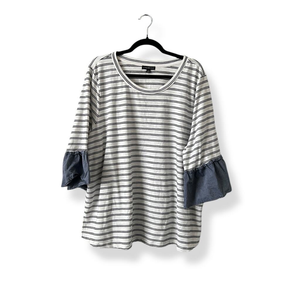 Lane Bryant White Striped Tee with Chambray Ruffle Sleeve